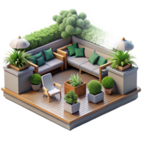 Render Isometric View of a Modern Rooftop Garden Design with Greenery and Comfortable Seating png