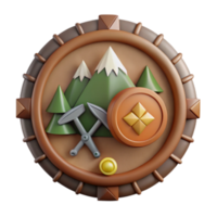 3D Render Mountain Mining Emblem Icon - Game Asset, Cartoon Style, Pickaxe, Shield, Gold Coin, Mountains, Adventure png