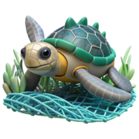 Adorable Render of a Cartoon Sea Turtle in a Net png