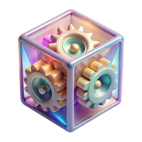 Abstract Render of Interlocking Gears and Speakers in a Cube png