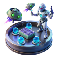 Futuristic Robot and Spaceship Illustration Sci-Fi Scene with Energy Spheres and Control Panel png