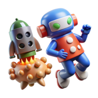 Render of Playful Robot and Rocket Launching from Spiky Orb png