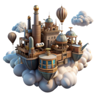 Whimsical Render of a Cloud City Floating Island Metropolis with Airships and Steampunk Architecture png