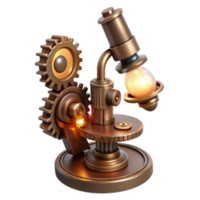 Steampunk Microscope Render Intricate Gears, Glowing Lightbulb, Mechanical Design png