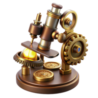 Steampunk Microscope Render Gears, Cogs, Brass, Gold, Science, Technology, Invention, Innovation, Discovery, Engineering png