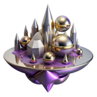 Abstract Render of a Floating Island with Geometric Shapes and Metallic Textures png