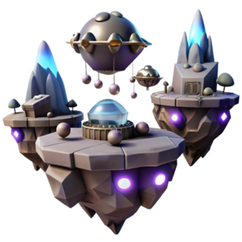 fantasia render flutuando ilhas com ufos e cristalino picos png