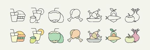 Minimalist Food, Drink, and Vegetable Line Icon Set with Tropical Vibes vector