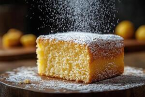 Icing sugar falling on a slice of lemon sponge cake photo
