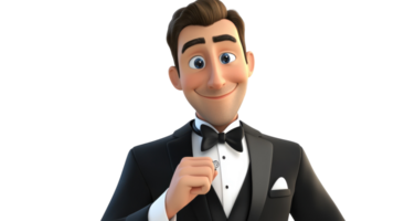 A dapper animated character in a tuxedo smiling confidently while holding a card, perfect for a formal event or celebration. png
