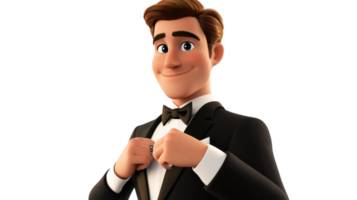 Animated character in a tuxedo confidently adjusting his bow tie with a cheerful expression against a plain background. png