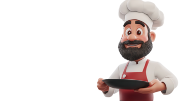 A cheerful cartoon chef holds a black plate in a kitchen setting, ready to serve delicious food to eager diners. png