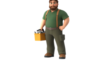 A cartoon character stands with a toolbox in a green shirt and suspenders, showcasing a friendly expression in a creative setting. png