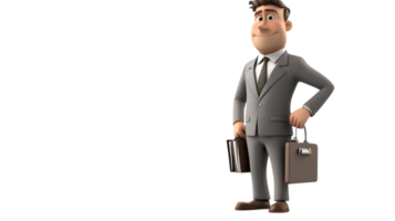 A cheerful business professional in a tailored gray suit holding a briefcase in a friendly pose against a clean background. png