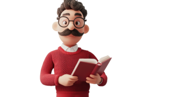 A charming animated character reading a book while wearing glasses and a cozy sweater in a friendly educational setting. png