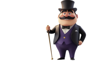 A well-dressed animated gentleman with a mustache holding a cane, showcasing a classic appearance and charm in a vibrant style. png