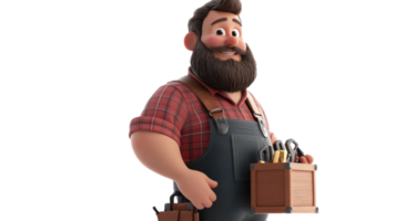 A cheerful cartoon carpenter holding a toolbox, set against a transparent background for creative projects or design work. png