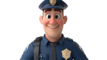 Friendly cartoon police officer with a smiling expression standing confidently in a police uniform inside a digital environment. png