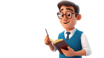 A cheerful character in a blue sweater holding an open book and a pencil, ready to share knowledge, in a modern classroom setting. png