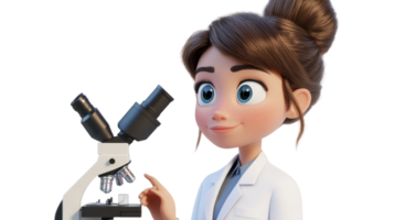 A young scientist in a lab coat examines a microscope while smiling, showcasing her enthusiasm for research and discovery. png