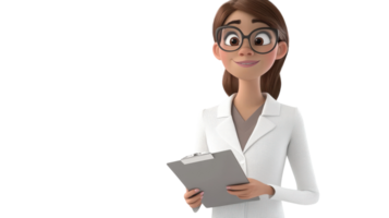 A friendly female character in a white coat holds a clipboard and smiles, showcasing professionalism and approachability in a clinical setting. png