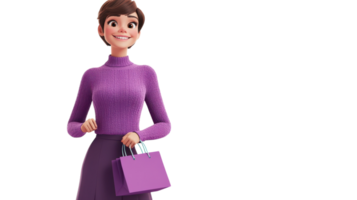 Cartoon character in a purple sweater holding a shopping bag, smiling cheerfully against a transparent background. png