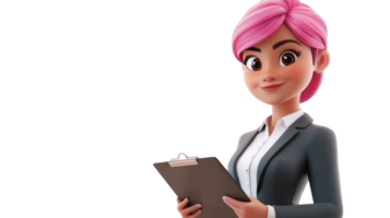 Animated character in a business suit holding a clipboard with a confident expression on a transparent background. png