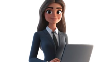 Professional woman in a suit working on a laptop in an office setting, showcasing focus and determination. png