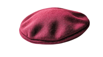 Maroon beret hat resting on a flat surface with a soft texture, ideal for stylish outdoor wear in any season. png
