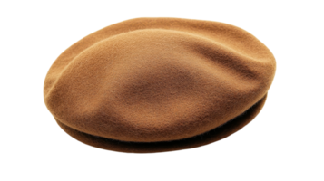 A classic brown beret resting on a neutral surface, showcasing its soft texture and simple elegance. png