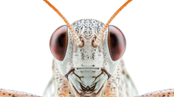 Close-up view of a grasshopper displaying intricate details of its eyes and antennae against a plain background. png