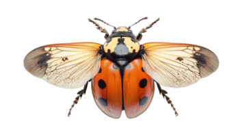 uma vibrante joaninha com laranja e Preto marcações empoleirado em uma branco fundo exibindo Está único asa estrutura e padrões. png