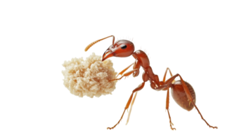 An ant carrying a piece of food on its back while foraging in a natural setting during daytime hours. png