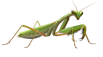Close-up of a vibrant green praying mantis perched on a surface, showcasing its intricate features and delicate limbs during daylight. png