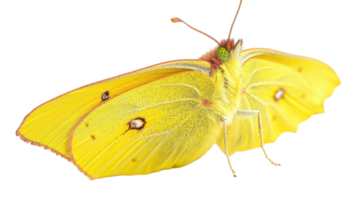 Bright yellow butterfly resting with delicate wings open, showcasing intricate patterns in natural light. png