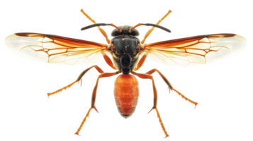 Close-up of a vibrant orange and black insect with translucent wings resting on a clear background in a detailed view. png
