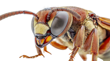 Close-up view of a hornet showcasing intricate details of its face, captured in high resolution against a transparent background. png