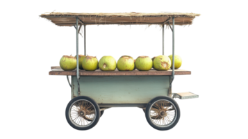 Fruit vendor cart with fresh apples on display under a straw roof at a busy market during daylight hours. png