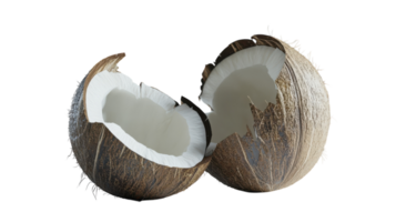 Cracked coconut halves showcasing the white flesh and brown shell in a simple, clean layout on a transparent background. png