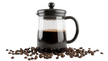 Freshly brewed coffee in a French press surrounded by coffee beans on a clear background. png