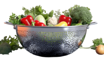 Fresh vegetables in a stainless steel colander with a variety of colors and textures displayed against a plain background. png