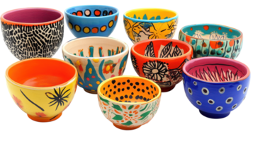 Colorful hand-painted bowls displayed on a white background showcasing various artistic designs and patterns from local artisans. png