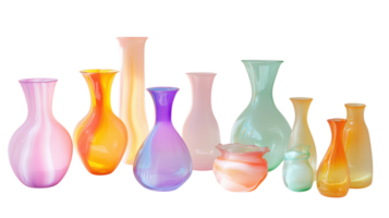 Colorful glass vases in various shapes arranged together on a transparent background showcasing vibrant hues and elegant designs. png