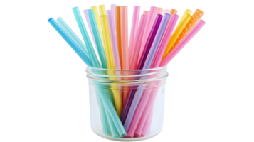 Colorful straws in a clear jar, showcasing a vibrant collection for drinks or crafts at a casual setting. png