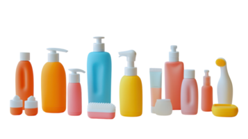 A vibrant array of colorful plastic cosmetic containers displayed against a transparent background, showcasing personal care products. png