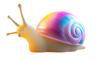 Colorful snail with a vibrant swirl shell crawling on a smooth surface in a brightly lit environment. png