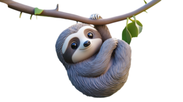 A cute sloth hanging from a branch with green leaves in a vibrant jungle setting during daylight hours. png