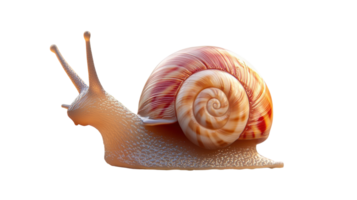 A colorful snail slowly crawls along a smooth surface in a bright environment, showcasing its unique shell patterns and textures. png