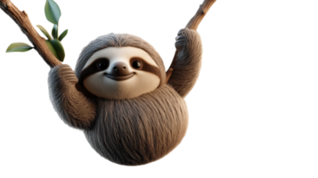 A cheerful sloth hanging playfully from a tree branch while surrounded by lush greenery in a tropical setting. png