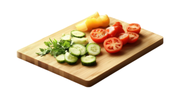Freshly chopped cucumbers, tomatoes, and bell peppers arranged on a wooden cutting board in a bright kitchen setting. png